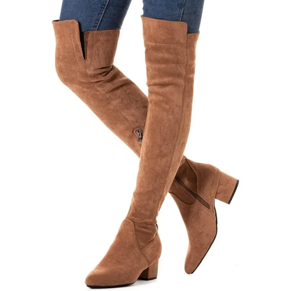 Women Brown/2 Inch Heel Faux Suede Over The Knee Thigh High Low Block Heel Boot
